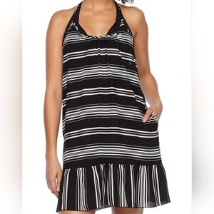 Portocruz Black White Striped Beach Cover Up Swimsuit Beach Dress Ruffle Pockets